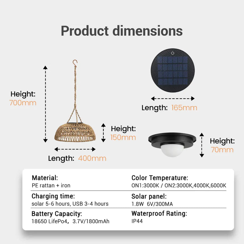 Technical specification diagram for the PT0901 Kiku Solar Lantern displaying dimensions (400mm width, 150mm height), solar panel size, and key features like 1800mAh battery capacity, dual charging, and 3000K-6000K color temperatures.