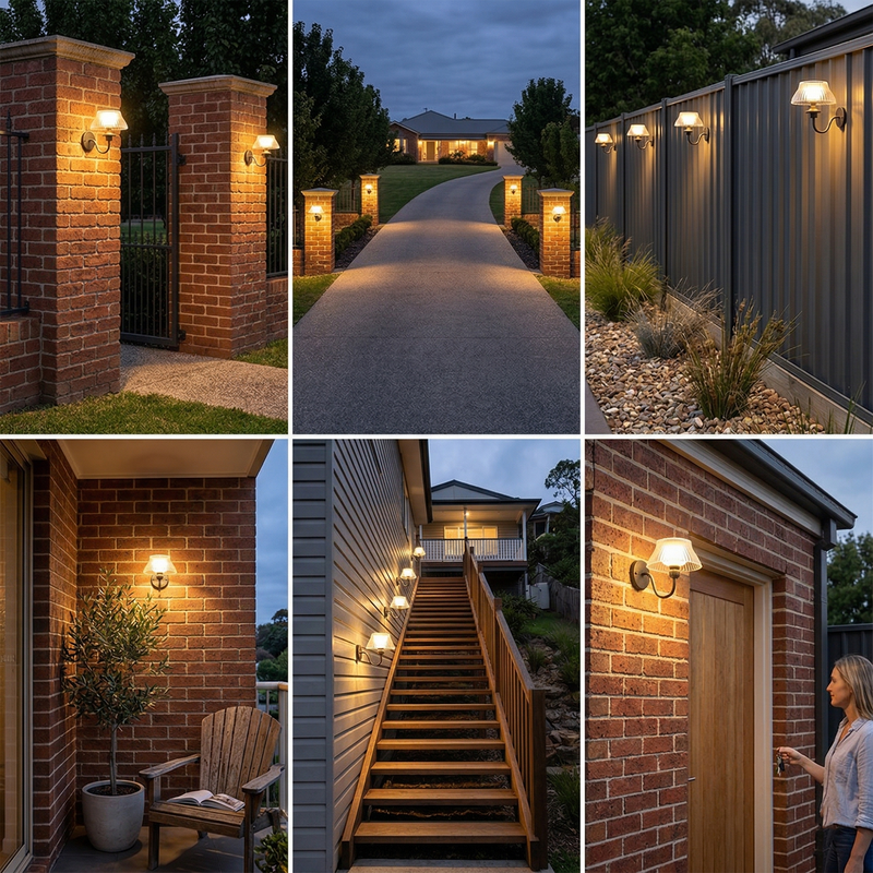 Six-panel collage showing outdoor wall sconces installed on brick pillars, a driveway, a fence, a porch, a staircase, and a door, with warm light glowing at dusk and a woman standing by one of the doors.