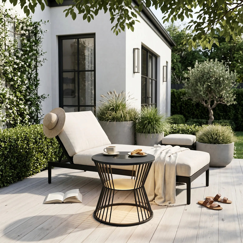 Outdoor seating area with a chair, table, and plants in a garden setting.