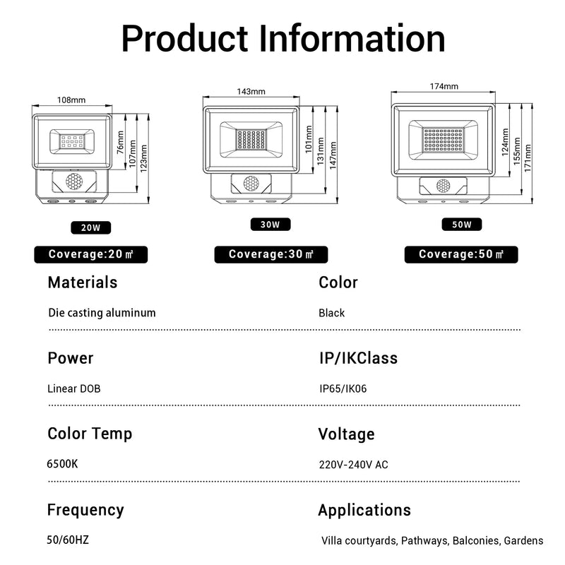 Outway motion sensor floodlight product specifications : 20W 30W 50W, IP65 & IK06, 6500K