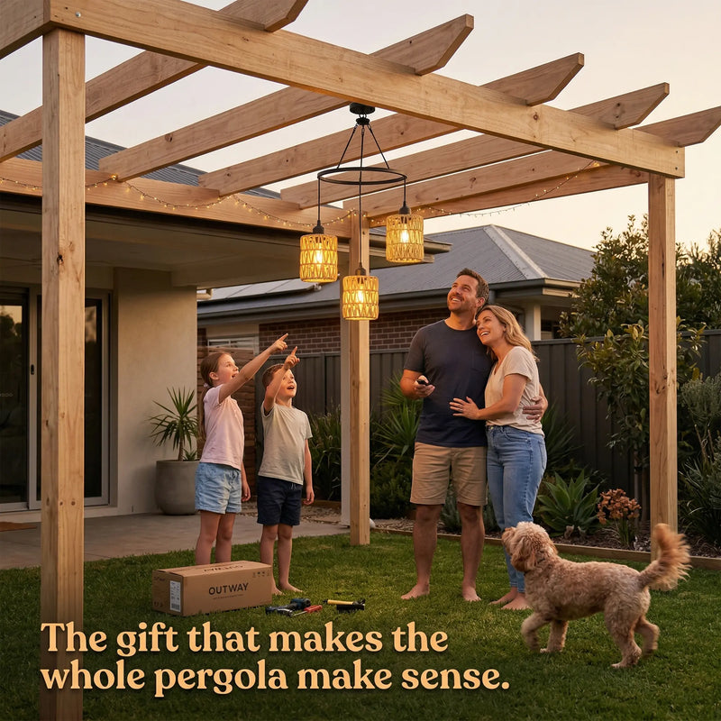 Outway PT0911 Haiku Trio pendant lights as housewarming gift wrapped for Christmas under pergola
