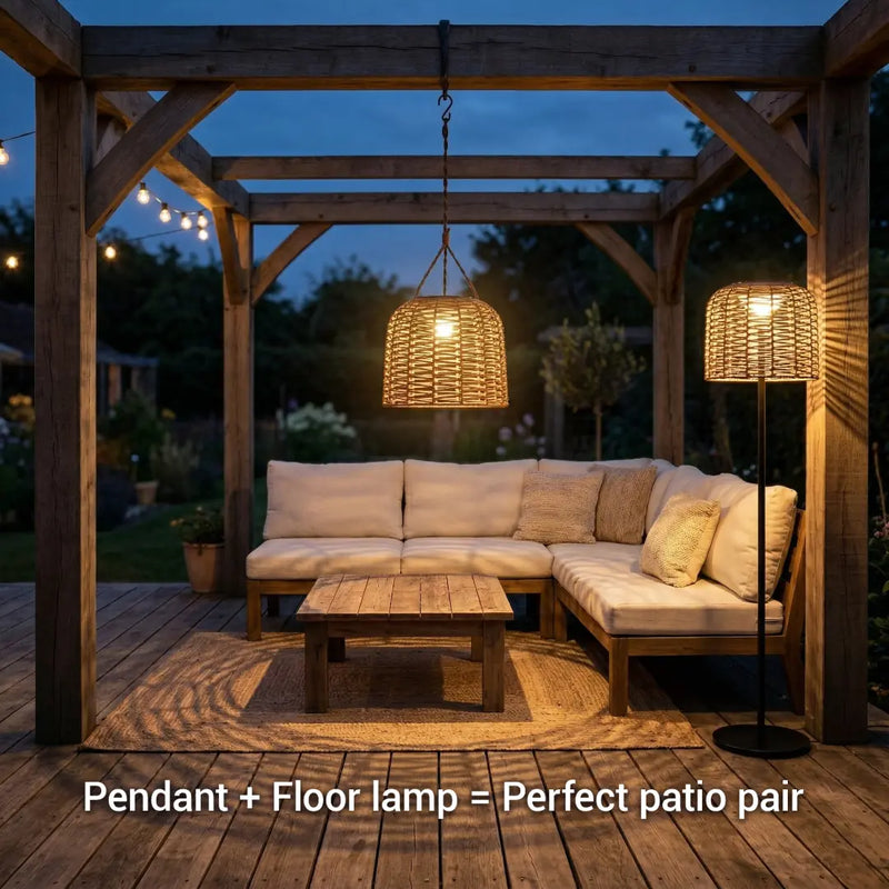 Modern rattan floor lamp with a woven basket shade and sleek black metal stand, featuring a round base.