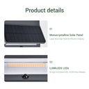 Product details close-up — large-area monocrystalline solar panel for efficient charging, 50 high-end LUMILEDS LEDs with 50,000-hour lifespan