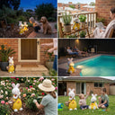 Six-panel scene collage of OUTWAY Hoppi A004 solar bubble rabbit ornaments in Australian settings including child and dog in garden at dusk apartment balcony with plants front door entrance at night poolside at dusk woman gardening in rose bed and two children playing with bubbles on a lawn