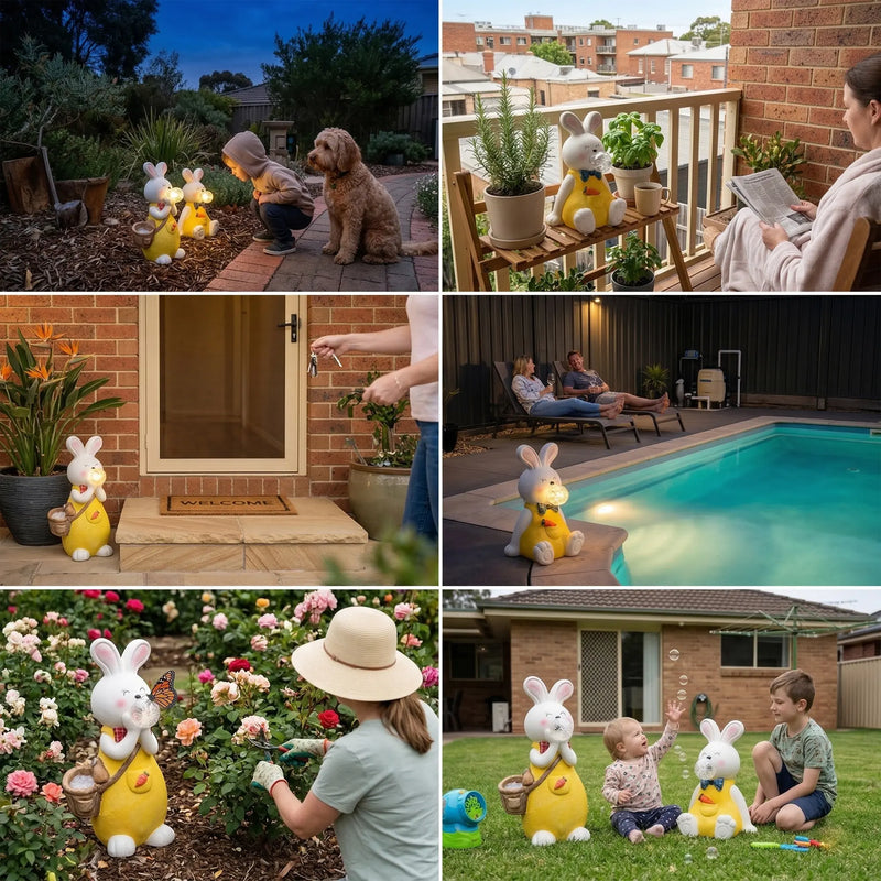 Six-panel scene collage of OUTWAY Hoppi A004 solar bubble rabbit ornaments in Australian settings including child and dog in garden at dusk apartment balcony with plants front door entrance at night poolside at dusk woman gardening in rose bed and two children playing with bubbles on a lawn