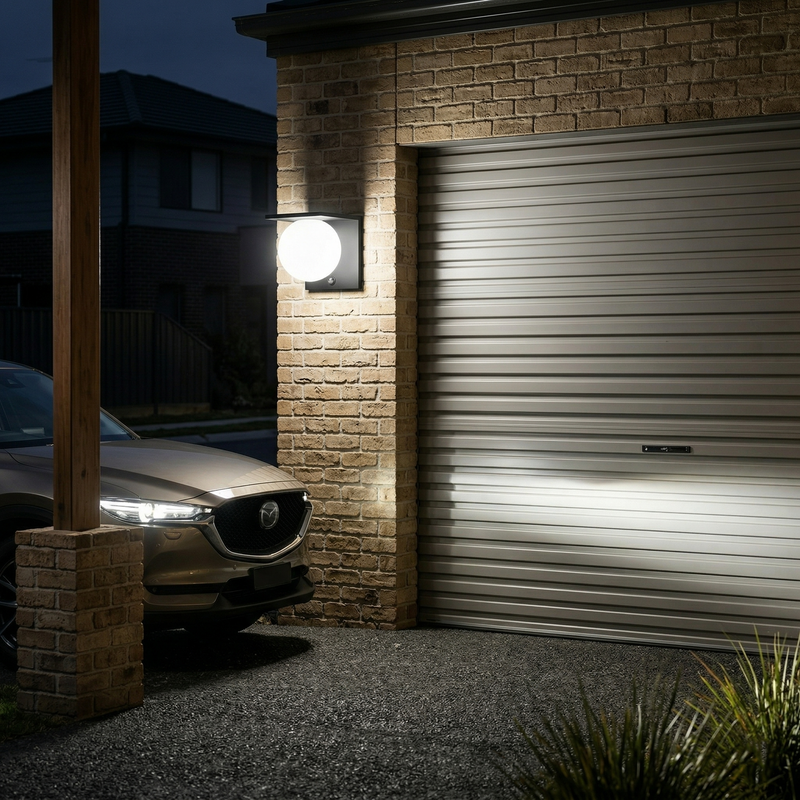 A modern wall-mounted outdoor light fixture glowing brightly on a brick wall beside a closed garage door, with part of a car and a driveway visible at night.