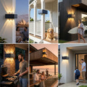 A collage showcasing the Grivo solar corner light in various Australian settings: illuminating a couple dining with the Sydney Opera House in the background, a golden retriever resting on a white porch, a woman with a surfboard near dark timber cladding, a man barbecuing on a brick pillar, a couple enjoying an ocean view at sunset, and a father greeting his son at the front door.