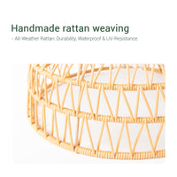 Handmade rattan ceiling light, durable and UV resistant, showcasing intricate weaving for all-weather use.