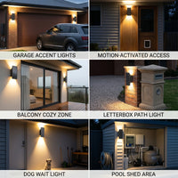 PT0710 solar light applications: garage, front door, balcony, letterbox, and shed.