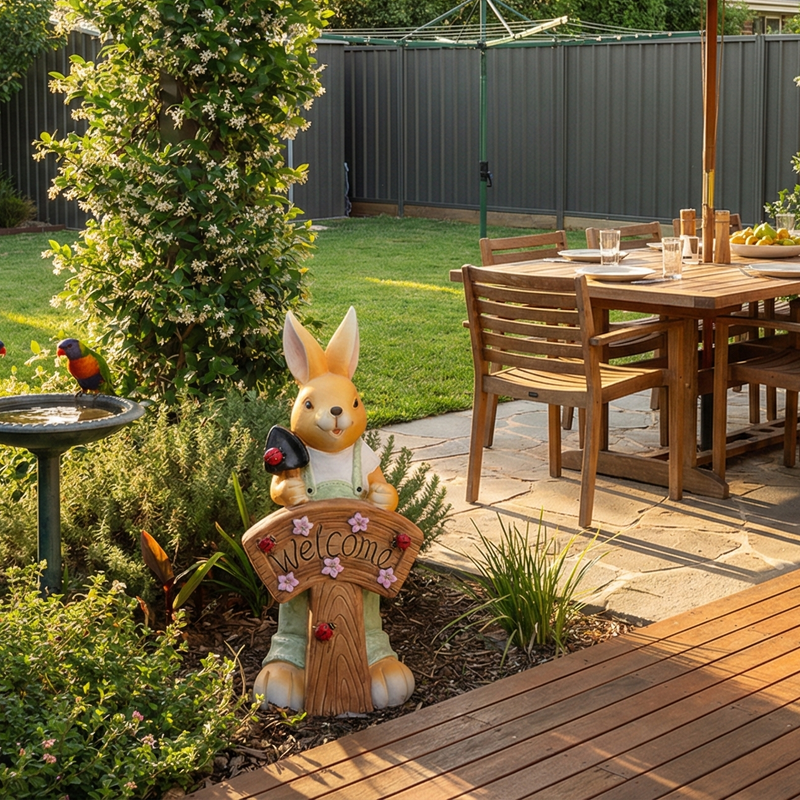 Boy solar rabbit garden ornament Welcome sign Australian backyard patio outdoor decoration hand-painted bunny statue solar powered garden light