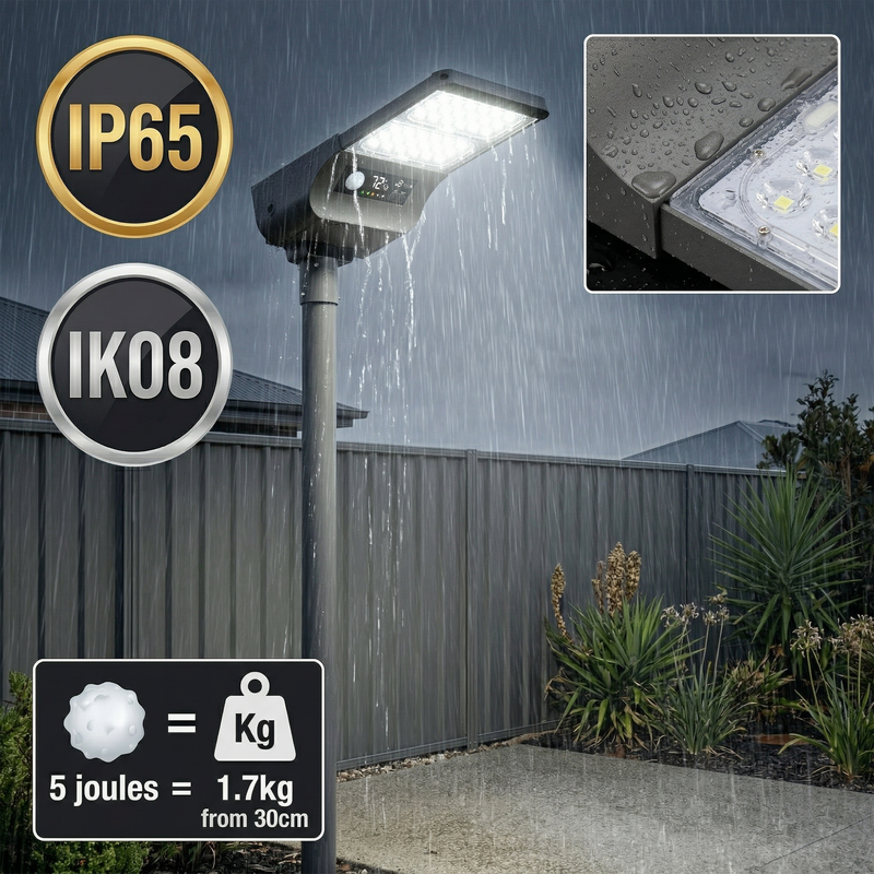 Outdoor waterproof LED garden light pole shown in rain, with a close-up inset of the water-droplet-covered light head and text badges reading IP65, IK08, and weight/spec info.