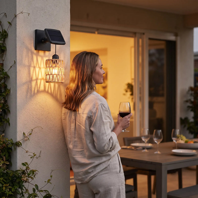 Woman holding wine glass beside PT0909 solar wall light on patio wall at dusk, gazing at dinner table set for guests — serene evening ambiance with handwoven rattan shade casting organic shadows.