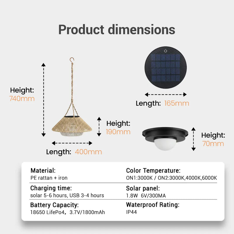  A detailed technical diagram displaying the precise dimensions of the HAIKU solar light, including total height (740mm), shade diameter (400mm), and solar panel size, alongside key specifications like material, battery capacity, and color temperature options.
