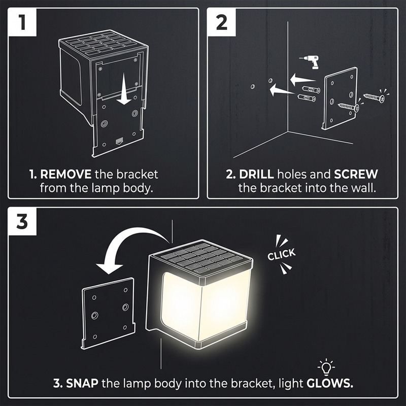 Three-panel instruction diagram showing how to mount and connect a wall lamp: remove the bracket from the lamp body, screw the bracket into a wall, and snap the lamp into the bracket with the light glowing.