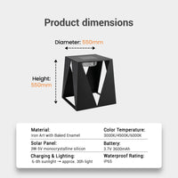 Product dimensions and specifications of a solar-powered outdoor light on a gray background