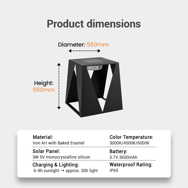 Product dimensions and specifications of a solar-powered outdoor light on a gray background