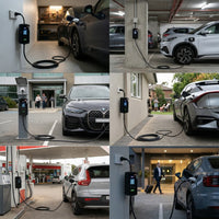 Collage of electric cars charging at various locations including a home, public station, and parking garage.