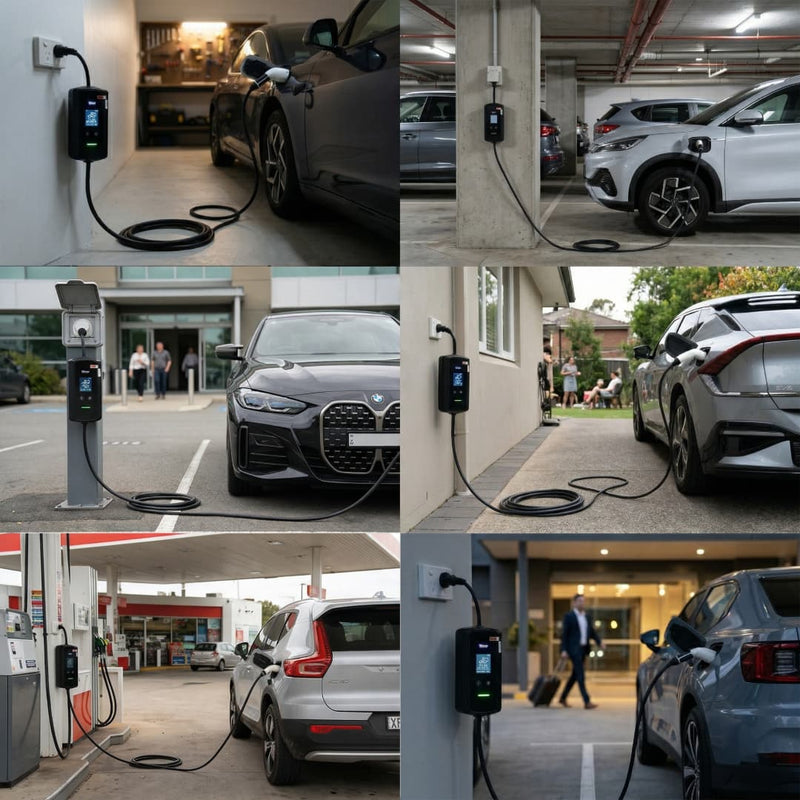 Collage of electric cars charging at various locations including a home, public station, and parking garage.