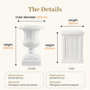 Technical dimension diagram: Flora Planter F004 (290mm outer diameter, 350mm height, 2.5kg) and Flora Pedestal F006 (340mm length, 470mm height, 6kg), fiberglass reinforced plastic — F004-F006-dimensions-specifications-82cm-combo