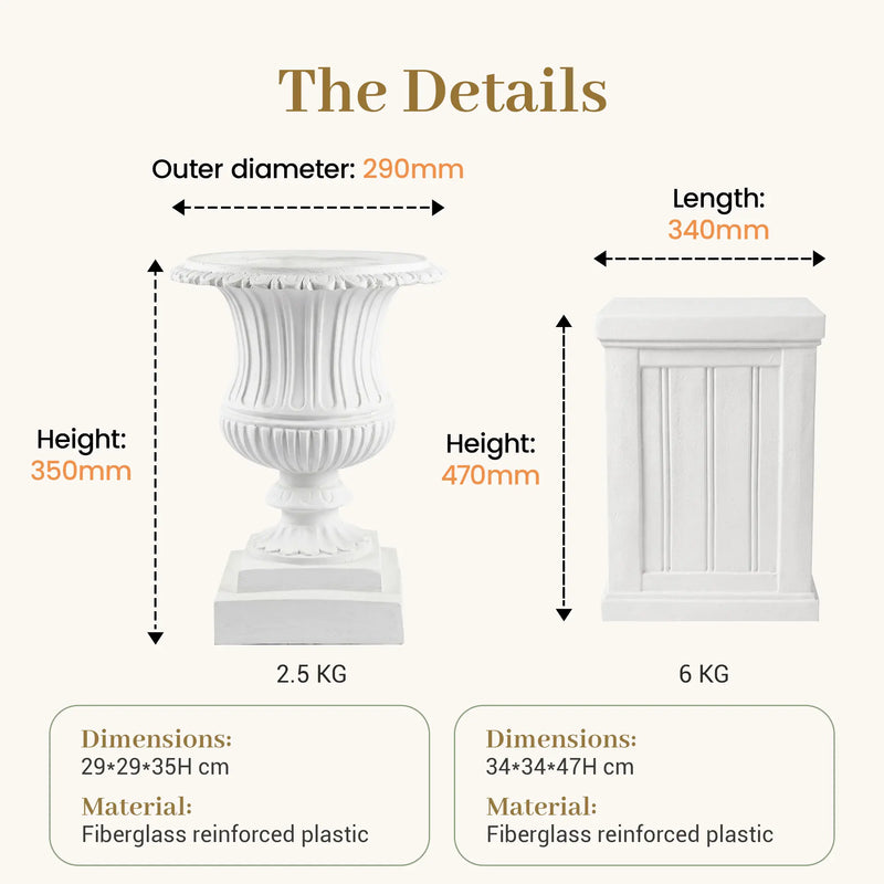 Technical dimension diagram: Flora Planter F004 (290mm outer diameter, 350mm height, 2.5kg) and Flora Pedestal F006 (340mm length, 470mm height, 6kg), fiberglass reinforced plastic — F004-F006-dimensions-specifications-82cm-combo