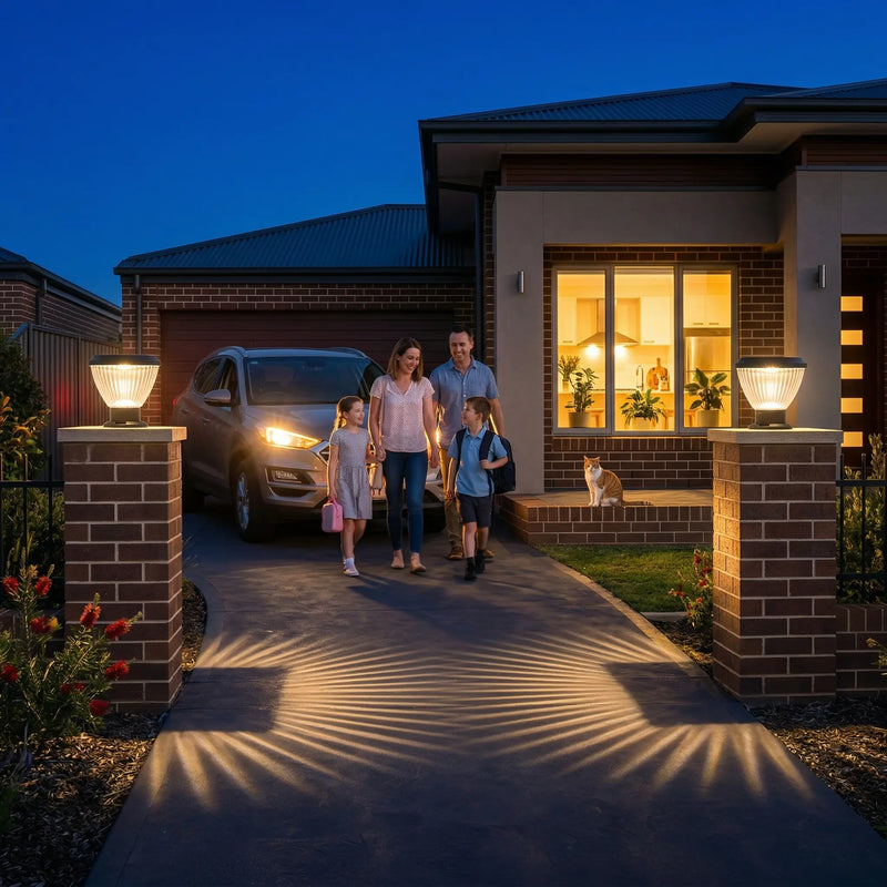 Australian family of four with two children walking along a brick driveway at night lit by OUTWAY Priva PT0111 solar pillar cap lights on twin brick entrance pillars casting ribbed light patterns on the ground with a cat on the doorstep and lit kitchen visible through the window