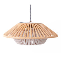 HAIKU solar pendant light lit at night — warm 3000K light filtering through handwoven rattan shade