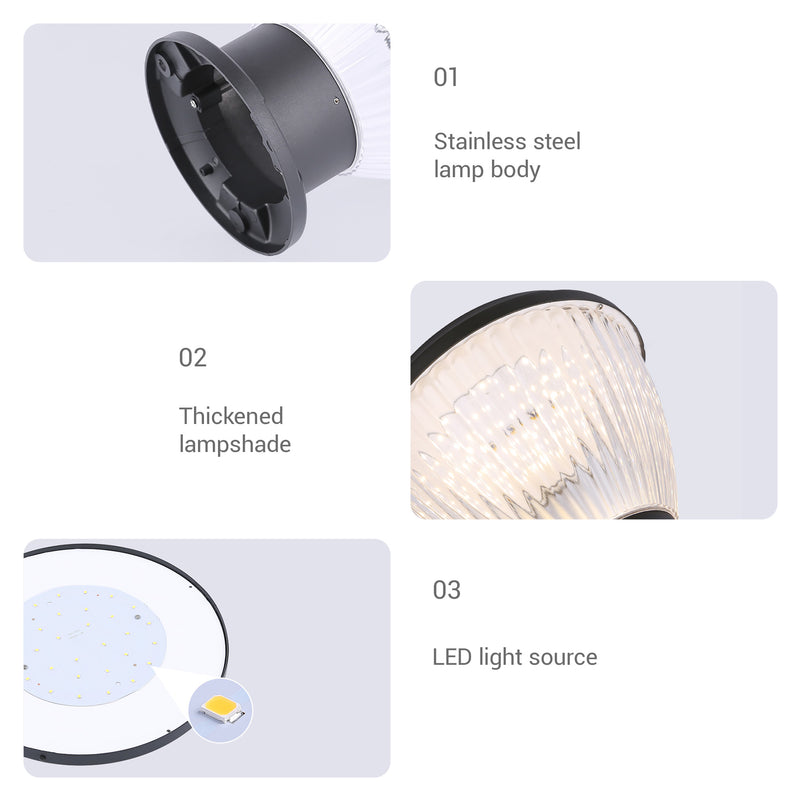 Light fixture with stainless steel solar pillar light body, thickened lampshade, and LED light source on a white background.