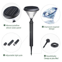 Solar pillar lawn ight with diamond-inspired design, monocrystalline silicon solar panel, adjustable light pole, and base spike.