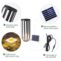 Solar floor lamp with stainless steel body, monocrystalline silicon solar panel, professional light source chip, and 5-meter wire.