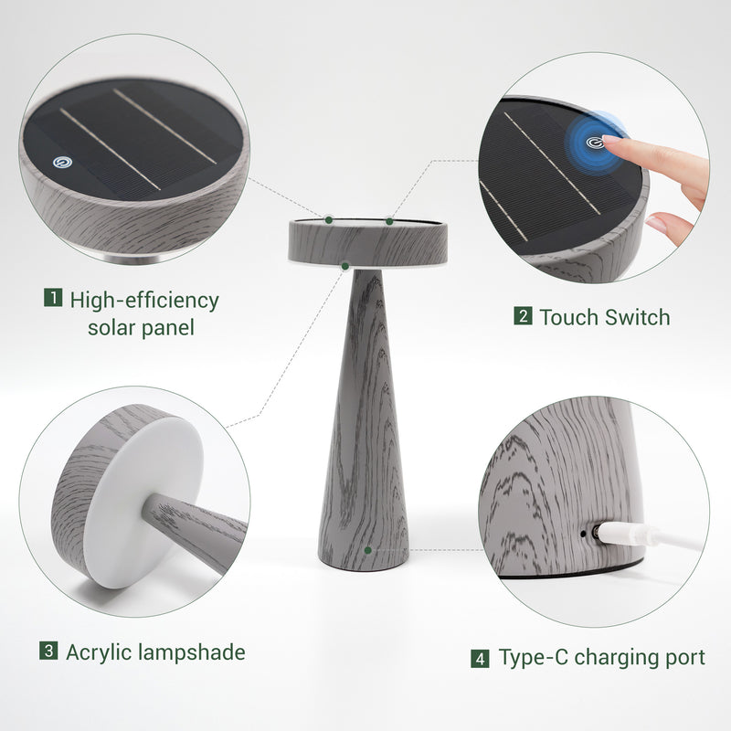 Table Lamp Detail : Labelled close-up image highlighting the lamp's high-efficiency solar panel, touch switch, acrylic lampshade, and Type-C charging port.