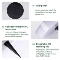 Detailed view of a round solar light, highlighting its parts such as the solar panel, lamp, and base assembly.