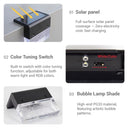 A four-panel product feature graphic for a solar-powered bubble lamp shade. The panels show: 01 a black solar panel receiving yellow light rays, 02 a close-up of a built-in white and color switch, 03 the clear bubble-patterned lamp shade, and 04 a text description of the PG33 material.