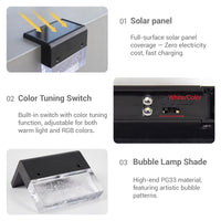 A four-panel product feature graphic for a solar-powered bubble lamp shade. The panels show: 01 a black solar panel receiving yellow light rays, 02 a close-up of a built-in white and color switch, 03 the clear bubble-patterned lamp shade, and 04 a text description of the PG33 material.