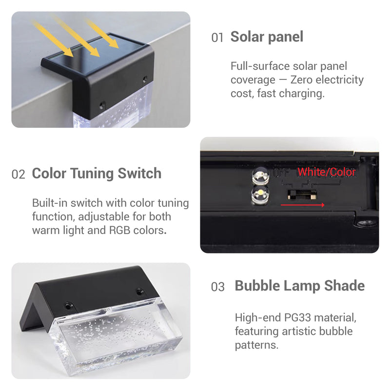 A four-panel product feature graphic for a solar-powered bubble lamp shade. The panels show: 01 a black solar panel receiving yellow light rays, 02 a close-up of a built-in white and color switch, 03 the clear bubble-patterned lamp shade, and 04 a text description of the PG33 material.