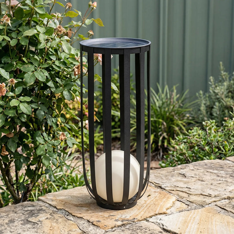 Solar floor lamp on city balcony with skyline view, urban patio lighting with succulent plants, modern minimalist design for high-rise terraces, rechargeable solar light with warm ambient glow, outdoor living decor for small spaces