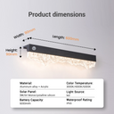 Product dimensions diagram of solar motion sensor light: 600mm length, 90mm width, 90mm height, with aluminum alloy and acrylic construction