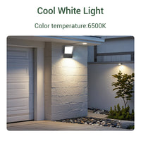 LED floodlight on a stone wall with 'Cool White Light' text and color temperature information.