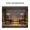 Outdoor setting with two Solar Ceiling Lightlights on a patio, labeled 'Warm White 3000K'.