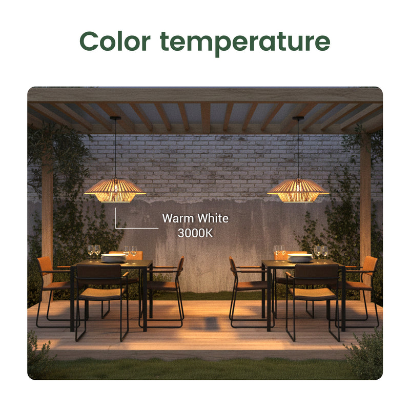 Outdoor setting with two Solar Ceiling Lightlights on a patio, labeled 'Warm White 3000K'.