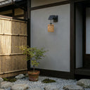 Outway Kasa PT0909 solar rattan wall light Japanese garden bamboo fence rendered wall maple tree daytime japandi style