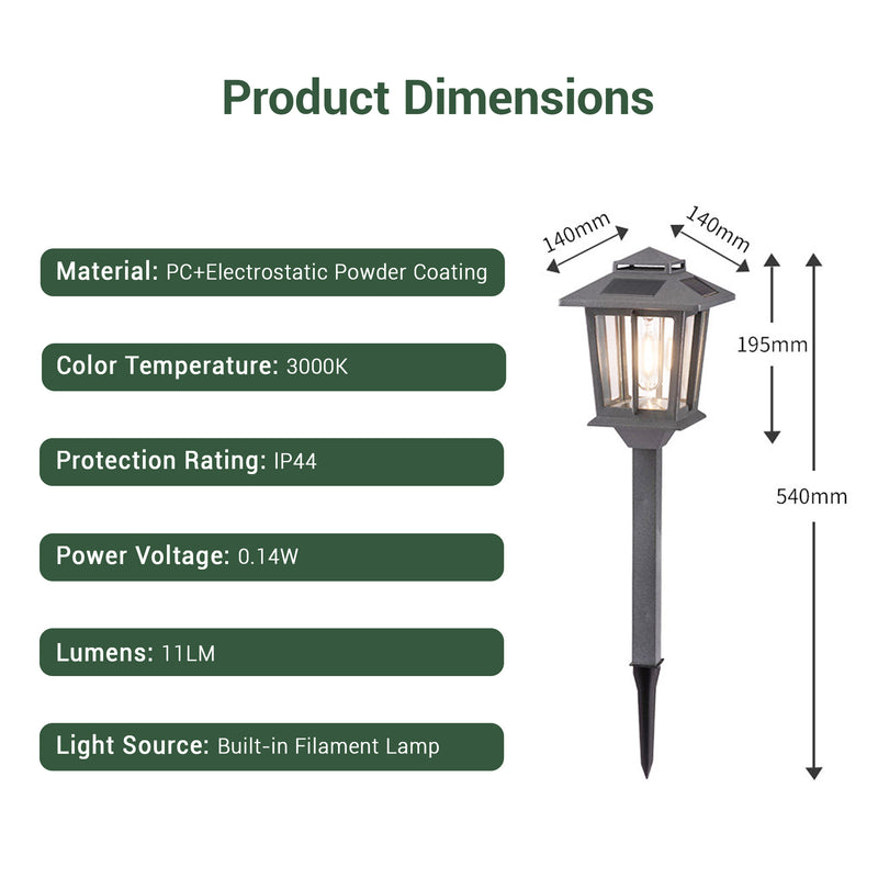 Product dimensions and specifications — 140mm width, 140mm depth, 540mm height — PC material with electrostatic powder coating, 3000K colour temperature, IP44 protection rating, 0.14W power voltage, 11 lumens, built-in filament lamp light source