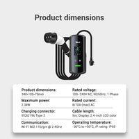 An electric vehicle charger product shown on a light gray background with text reading 'Product dimensions' and a white specification panel below. The charger is black with a small green display and connector details, and the image includes product dimensions, rated voltage, maximum power, charging connector type, cable length, communication, and operating temperature.