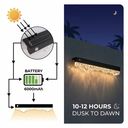 Outway Solar Wall Light with a 6000mAh battery – 9W monocrystalline silicon solar panel charges in 4–6 hours, powers IP65 outdoor light for 10–12 hours dusk to dawn