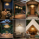 A six-panel collage showcasing the HAIKU Handwoven Solar Light in various settings: a city balcony at night, a wooden deck with multiple lights, a front porch entrance, an outdoor dining area, a cozy indoor reading nook, and inside a glamping tent.