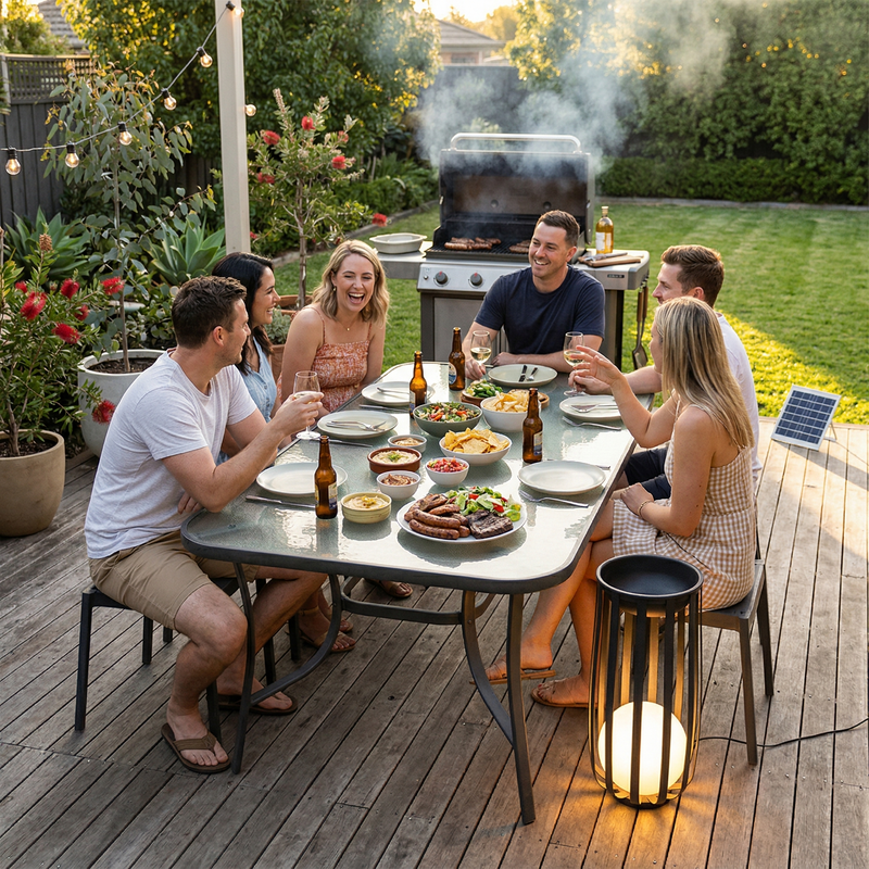 A group of five friends are gathered around a glass-top outdoor dining table on a wooden deck, enjoying a barbecue with burgers, beer bottles, and plates of food. In the background, a man is grilling on a barbecue grill with smoke coming out, and a small solar panel is visible on the grass.