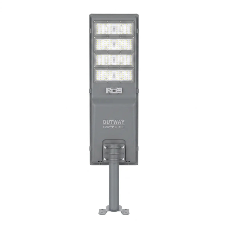 Nexa StreetGlow Pro T007 400W solar street light front view mounted on a pole against a white background.