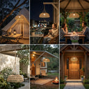 A collage showcasing the versatility of the PT0901 Kiku Solar Rattan Lantern in various settings, including camping tents, apartment balconies, garden gazebos, patios, RVs, and front porch entryways.