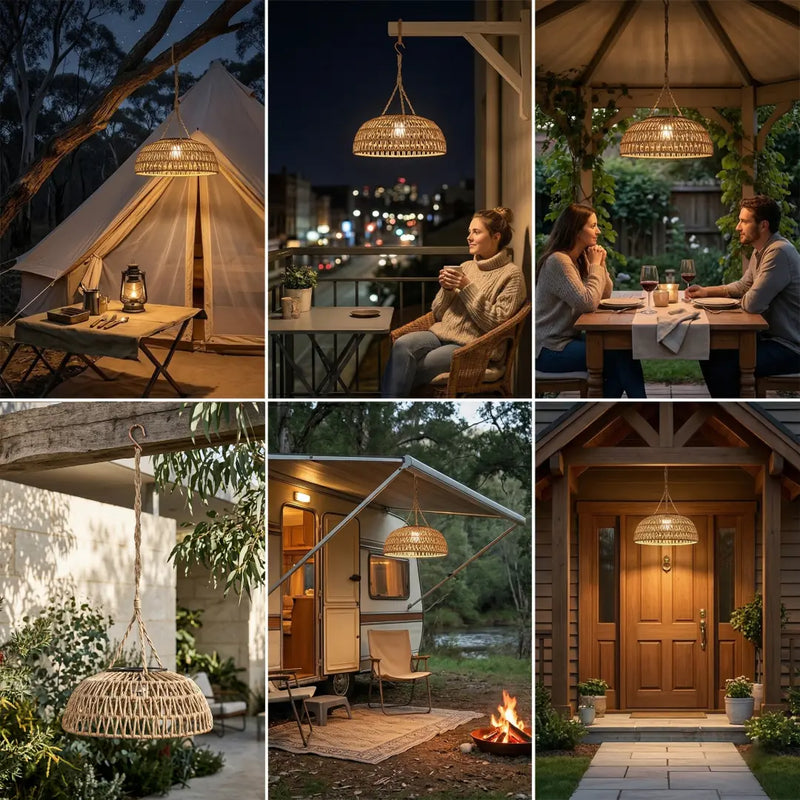 A collage showcasing the versatility of the PT0901 Kiku Solar Rattan Lantern in various settings, including camping tents, apartment balconies, garden gazebos, patios, RVs, and front porch entryways.