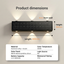 Wall-mounted solar light fixture with dimensions and specifications on a gray background