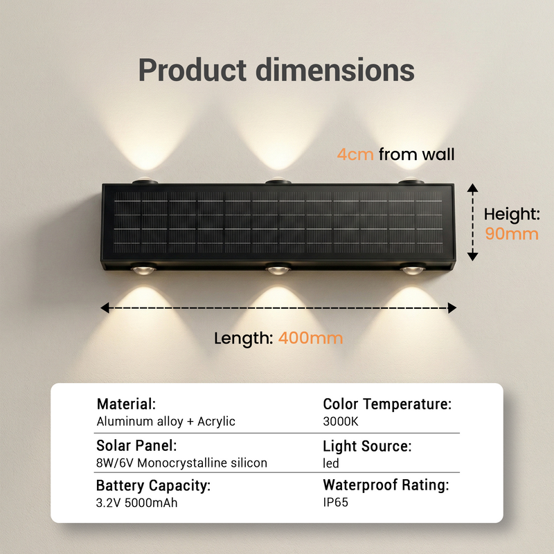 Wall-mounted solar light fixture with dimensions and specifications on a gray background